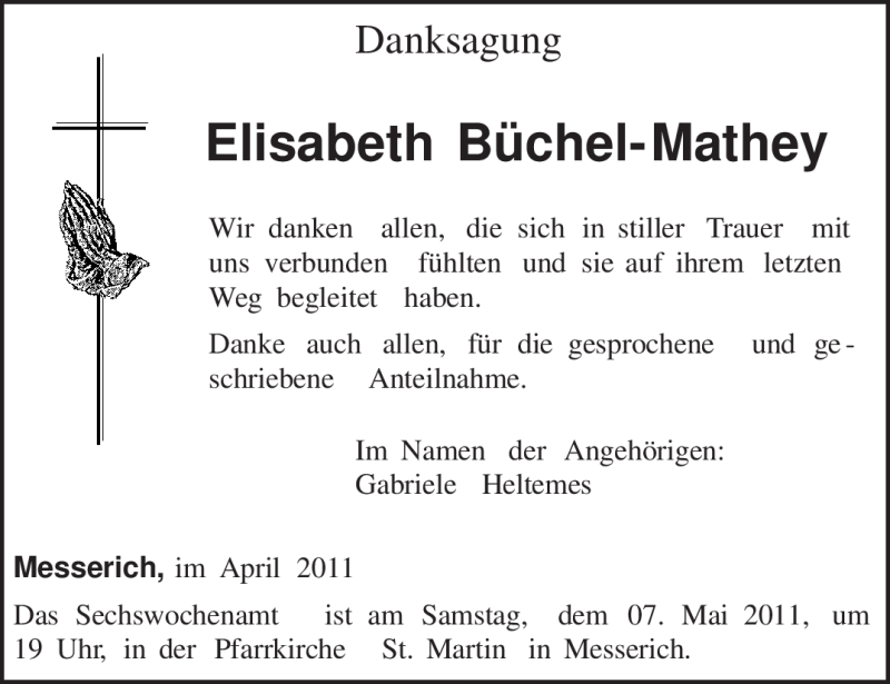  Traueranzeige für Elisabeth Büchel-Mathey vom 05.05.2011 aus TRIERISCHER VOLKSFREUND