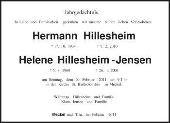 Traueranzeige von Helene Hillesheim - Jensen von TRIERISCHER VOLKSFREUND