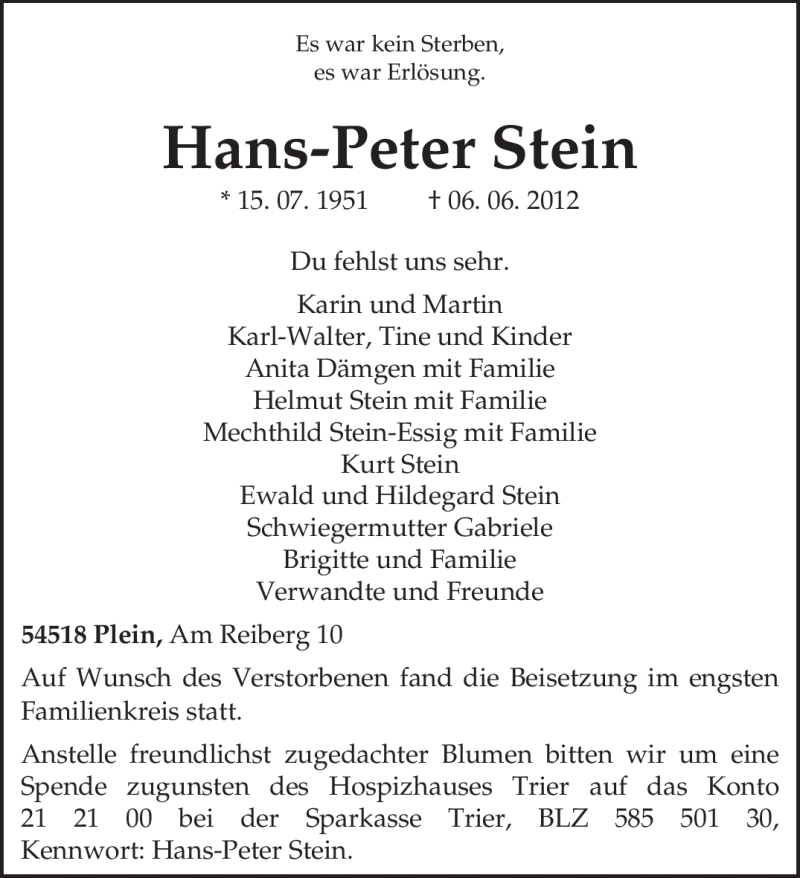  Traueranzeige für Hans-Peter Stein vom 16.06.2012 aus TRIERISCHER VOLKSFREUND