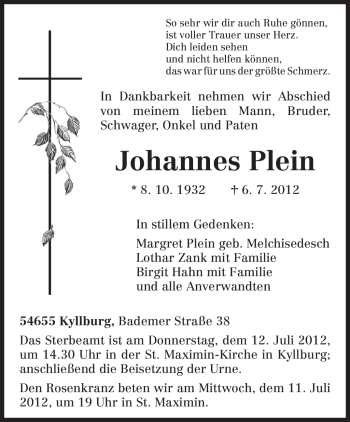 Traueranzeige von Johannes Plein von TRIERISCHER VOLKSFREUND