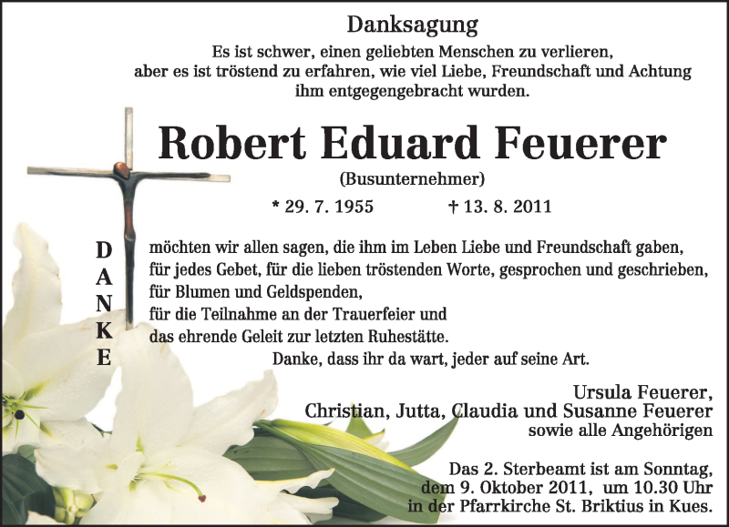  Traueranzeige für Robert Eduard Feuerer vom 20.09.2011 aus TRIERISCHER VOLKSFREUND