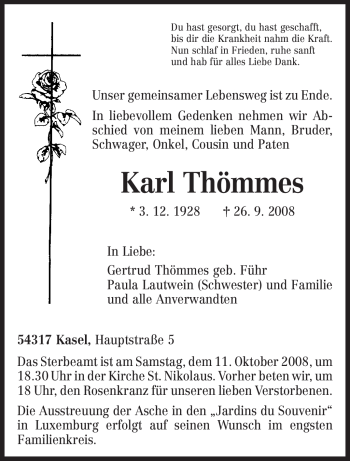 Traueranzeige von Karl Thömmes von TRIERISCHER VOLKSFREUND