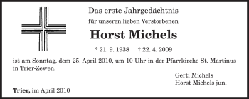 Traueranzeige von Horst Michels von TRIERISCHER VOLKSFREUND