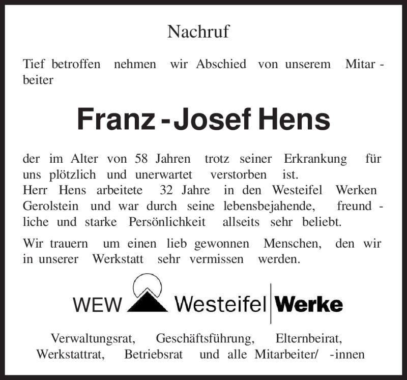  Traueranzeige für Franz-Josef Hens vom 26.07.2011 aus TRIERISCHER VOLKSFREUND
