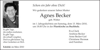 Traueranzeige von Agnes Becker von TRIERISCHER VOLKSFREUND