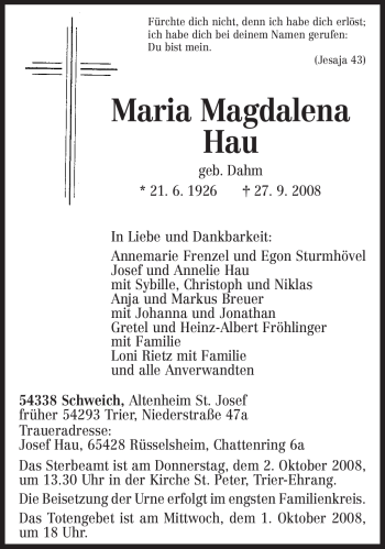 Traueranzeige von Maria Magdalena Hau von TRIERISCHER VOLKSFREUND