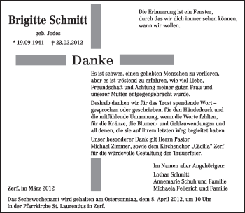 Traueranzeige von Brigitte Schmitt von TRIERISCHER VOLKSFREUND