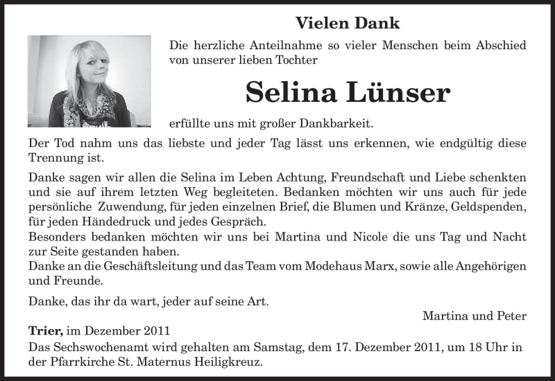  Traueranzeige für Selina Lünser vom 14.12.2011 aus TRIERISCHER VOLKSFREUND