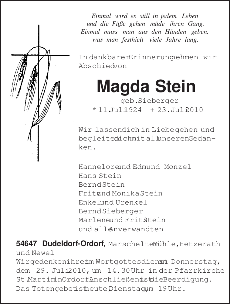  Traueranzeige für Magda Stein vom 27.07.2010 aus TRIERISCHER VOLKSFREUND