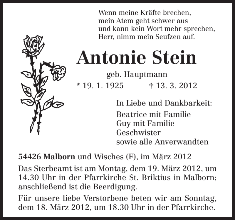  Traueranzeige für Antonie Stein vom 16.03.2012 aus TRIERISCHER VOLKSFREUND