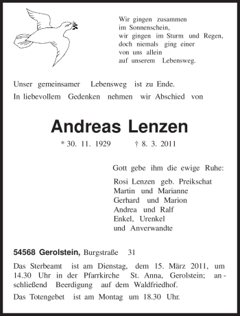 Traueranzeige von Andreas Lenzen von TRIERISCHER VOLKSFREUND