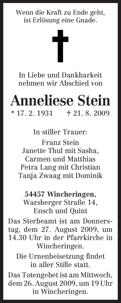  Traueranzeige für Anneliese Stein vom 24.08.2009 aus TRIERISCHER VOLKSFREUND