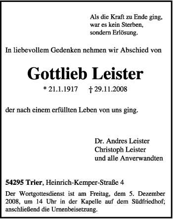 Traueranzeige von Gottlieb Leister von TRIERISCHER VOLKSFREUND