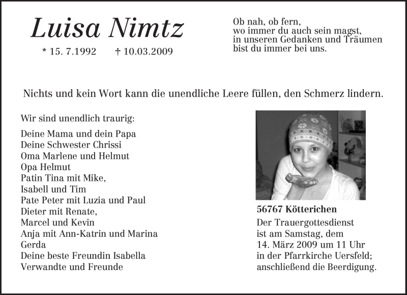  Traueranzeige für Luisa Nimtz vom 12.03.2009 aus TRIERISCHER VOLKSFREUND