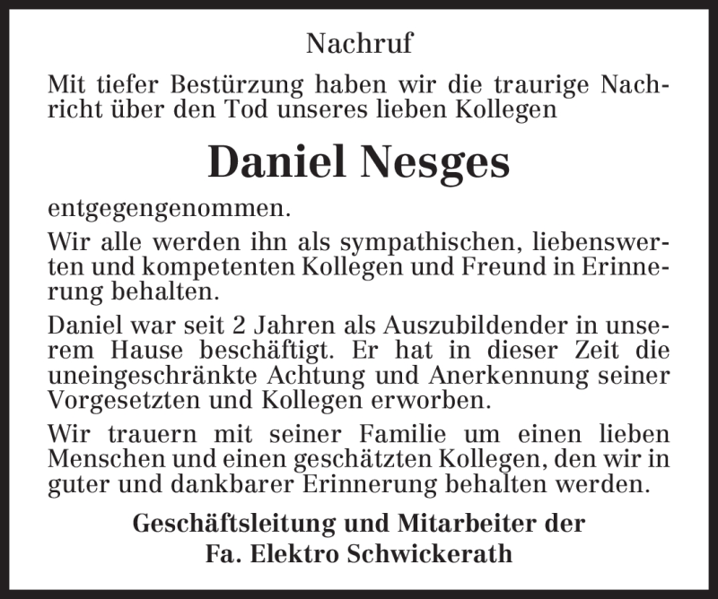  Traueranzeige für Daniel Nesges vom 26.05.2009 aus TRIERISCHER VOLKSFREUND
