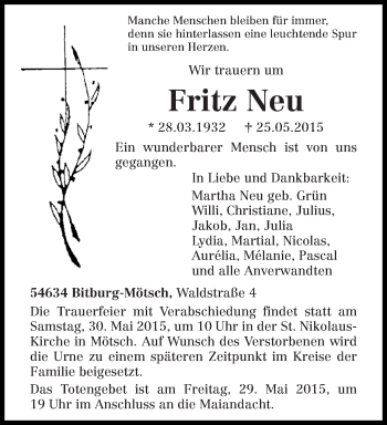 Traueranzeige von Fritz Neu von trierischer_volksfreund