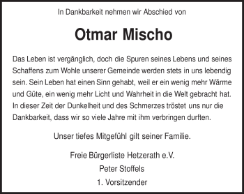 Traueranzeige von Otmar Mischo von TRIERISCHER VOLKSFREUND