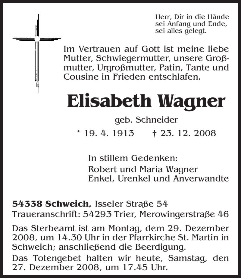  Traueranzeige für Elisabeth Wagner vom 27.12.2008 aus TRIERISCHER VOLKSFREUND
