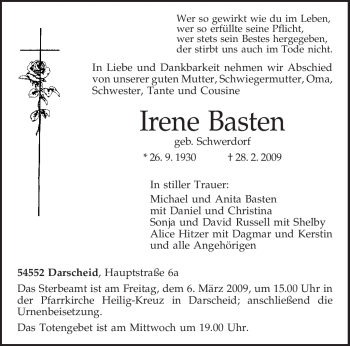 Traueranzeige von Irene Basten von TRIERISCHER VOLKSFREUND