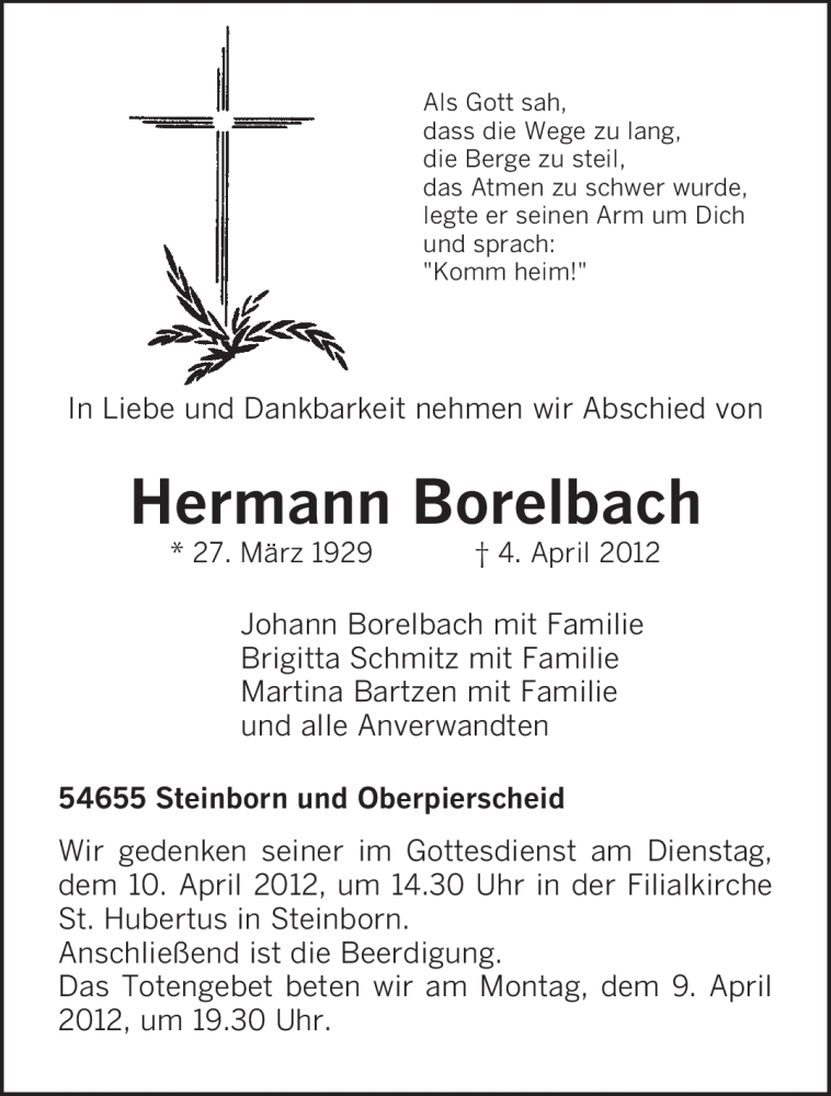  Traueranzeige für Hermann Borelbach vom 07.04.2012 aus TRIERISCHER VOLKSFREUND