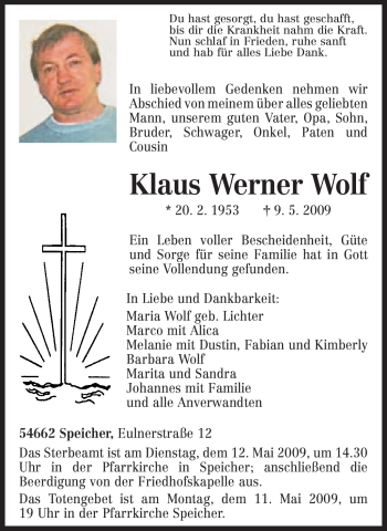 Traueranzeige von Klaus Werner Wolf von TRIERISCHER VOLKSFREUND