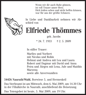 Traueranzeige von Elfriede Thömmes von TRIERISCHER VOLKSFREUND