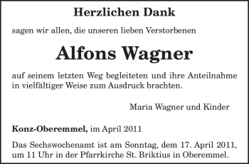 Traueranzeige von Alfons Wagner von TRIERISCHER VOLKSFREUND