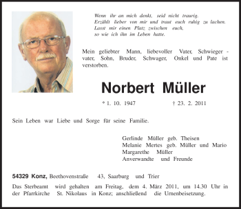 Traueranzeige von Norbert Müller von TRIERISCHER VOLKSFREUND