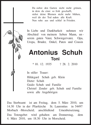 Traueranzeige von Antonius Schuh von TRIERISCHER VOLKSFREUND