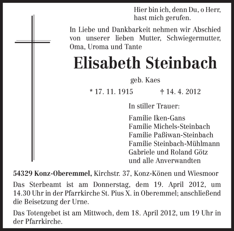 Traueranzeige für Elisabeth Steinbach vom 17.04.2012 aus TRIERISCHER VOLKSFREUND