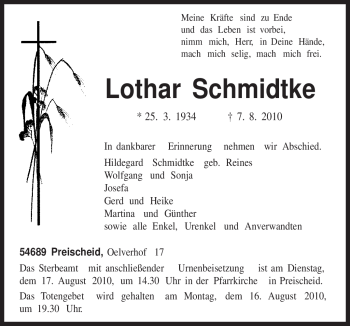 Traueranzeige von Lothar Schmidtke von TRIERISCHER VOLKSFREUND