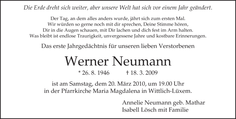  Traueranzeige für Werner Neumann vom 15.03.2010 aus TRIERISCHER VOLKSFREUND