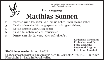 Traueranzeige von Matthias Sonnen von TRIERISCHER VOLKSFREUND