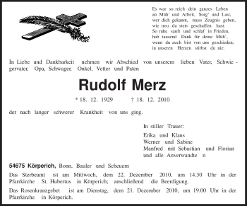 Traueranzeige von Rudolf Merz von TRIERISCHER VOLKSFREUND