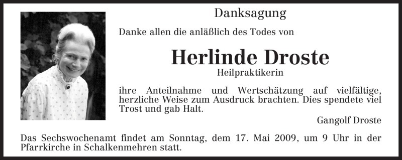  Traueranzeige für Herlinde Droste vom 30.04.2009 aus TRIERISCHER VOLKSFREUND