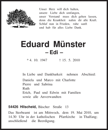 Traueranzeige von Eduard Münster von TRIERISCHER VOLKSFREUND