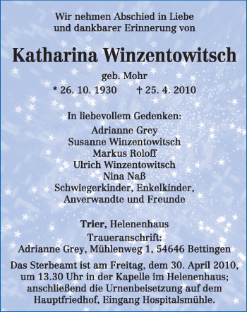 Traueranzeige von Katharina Winzentowitsch von TRIERISCHER VOLKSFREUND