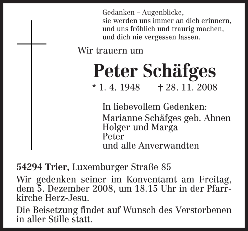  Traueranzeige für Peter Schäfges vom 02.12.2008 aus TRIERISCHER VOLKSFREUND