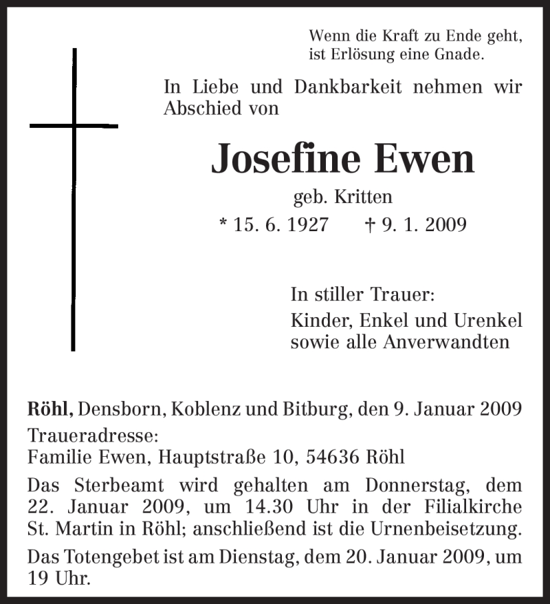  Traueranzeige für Josefine Ewen vom 14.01.2009 aus TRIERISCHER VOLKSFREUND
