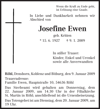 Traueranzeige von Josefine Ewen von TRIERISCHER VOLKSFREUND