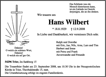 Traueranzeige von Hans Wilbert von TRIERISCHER VOLKSFREUND