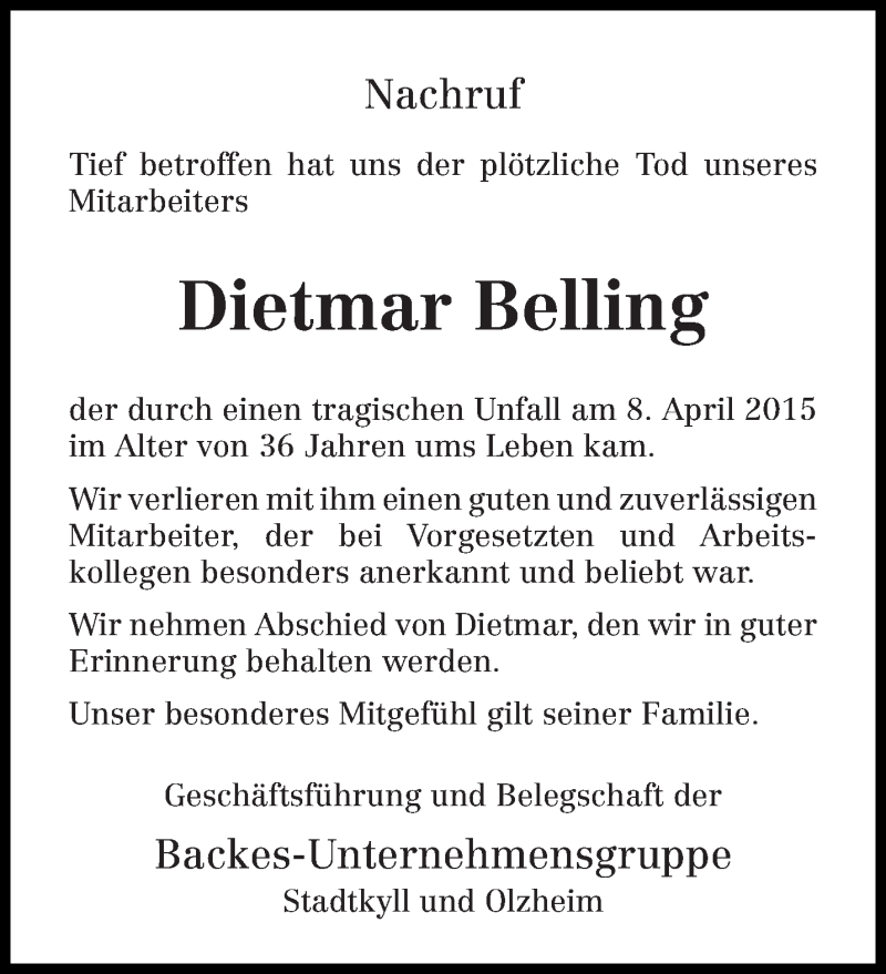  Traueranzeige für Dietmar Belling vom 11.04.2015 aus trierischer_volksfreund