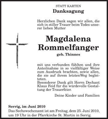 Traueranzeige von Magdalena Rommelfanger von TRIERISCHER VOLKSFREUND