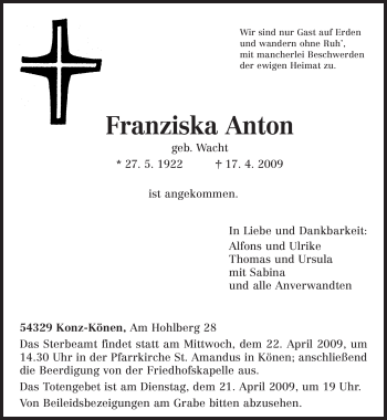 Traueranzeige von Franziska Anton von TRIERISCHER VOLKSFREUND