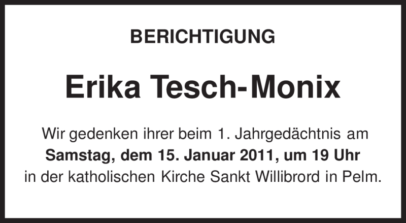  Traueranzeige für Erika Tesch-Monix vom 10.01.2011 aus TRIERISCHER VOLKSFREUND