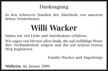 Traueranzeige von Willi Wacker von TRIERISCHER VOLKSFREUND