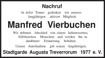 Traueranzeige von Manfred Vierbuchen von TRIERISCHER VOLKSFREUND
