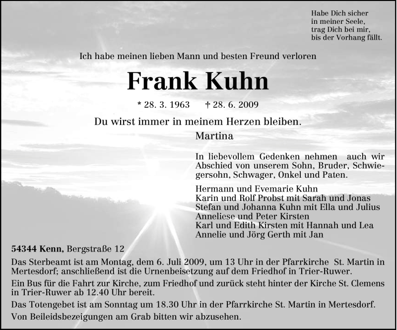  Traueranzeige für Frank Kuhn vom 01.07.2009 aus TRIERISCHER VOLKSFREUND