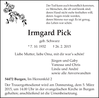 Traueranzeige von Irmgard Pick von trierischer_volksfreund