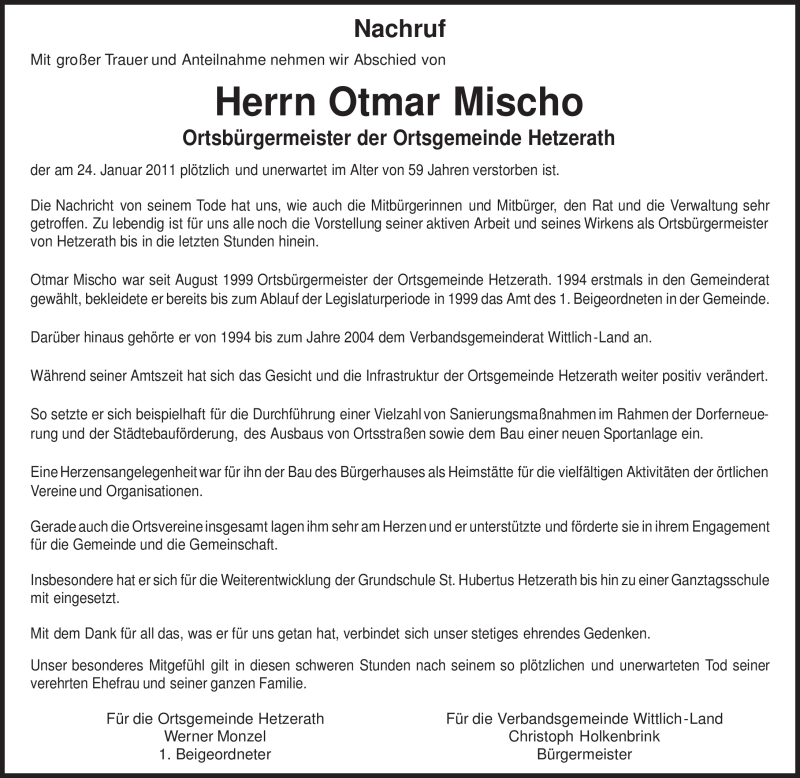  Traueranzeige für Otmar Mischo vom 27.01.2011 aus TRIERISCHER VOLKSFREUND